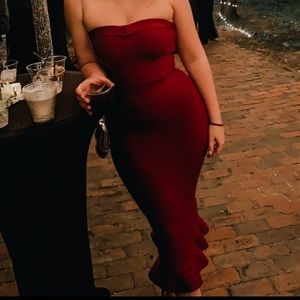 Fabrizia Wine Bandage Strapless Fluted-Hem Dress